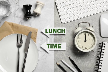 Photo for Arrows with words Lunch Time symbolizing changeover from business hours to lunch break. Dinner table with empty plate and cutlery on one side and office table with alarm clock and computer keyboard on other, flat lay - Royalty Free Image