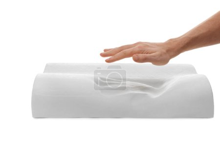 Photo for Man with orthopedic memory foam pillow on white background, closeup - Royalty Free Image