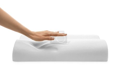 Photo for Woman with memory foam pillow on white background, closeup - Royalty Free Image