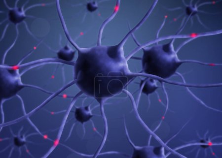 Foto de Impulsos que viajan entre neuronas a través de axones sobre fondo azul, ilustración - Imagen libre de derechos