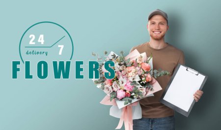 Photo for 24/7 service. Delivery man with beautiful flower bouquet on turquoise background. Illustration of clock - Royalty Free Image