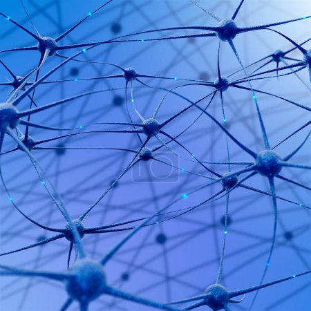Foto de Impulsos que viajan entre neuronas a través de axones sobre fondo de gradiente azul, ilustración - Imagen libre de derechos