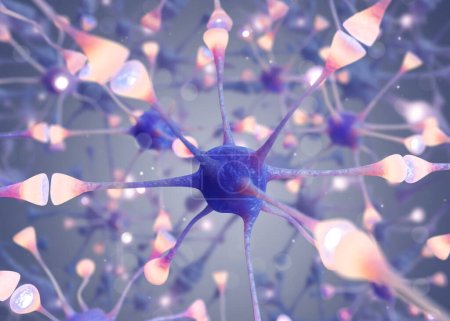 Neuronales Netzwerk mit synaptischen Verbindungen auf grauem Hintergrund, Illustration