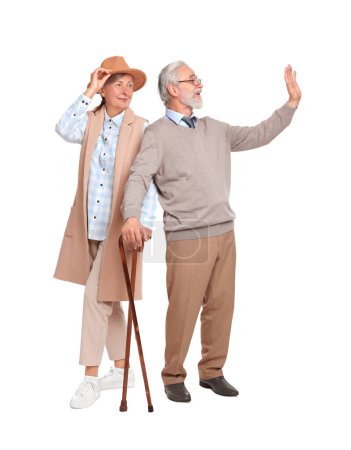 Senior homme et femme avec des cannes de marche sur fond blanc