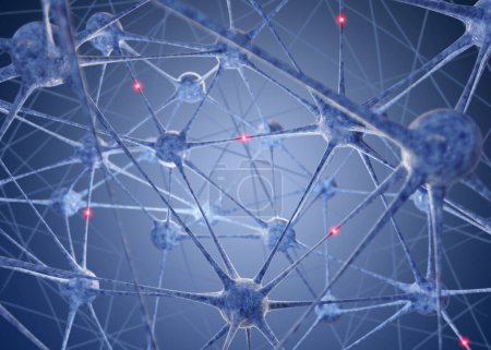Foto de Impulsos que viajan entre neuronas a través de axones sobre fondo azul acero, ilustración - Imagen libre de derechos