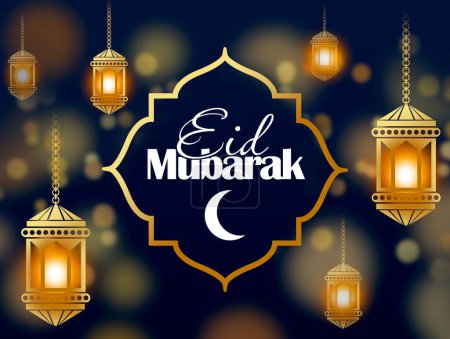 Photo for Eid Mubarak greeting card with illustrations of lit Muslim lanterns on dark blue background - Royalty Free Image