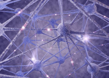 Foto de Impulsos que viajan entre neuronas a través de axones sobre fondo púrpura, ilustración - Imagen libre de derechos