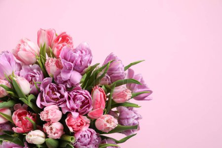 Beautiful bouquet of colorful tulip flowers on pink background. Space for text