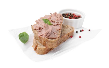 Delicious liverwurst sandwich and spices on white background