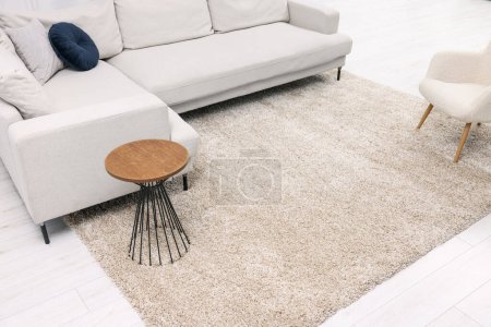 Fluffy carpet and stylish furniture on floor indoors