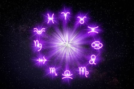 Zodiac wheel with twelve signs on starry sky background. Horoscopic astrology