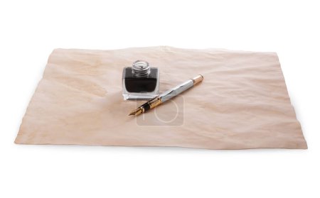 Photo for Inkwell, fountain pen and parchment on white background - Royalty Free Image
