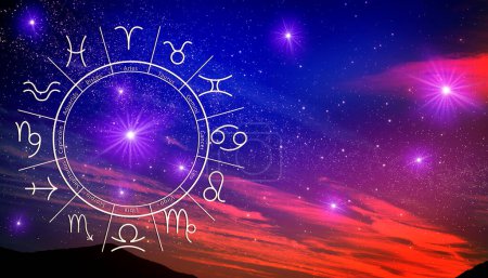 Tierkreisrad mit zwölf Zeichen auf Sternenhimmel-Hintergrund, Platz für Text. Horoskopische Astrologie