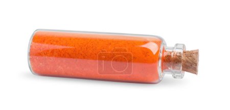 Téléchargez les photos : Bouteille en verre de colorant alimentaire orange isolé sur blanc - en image libre de droit