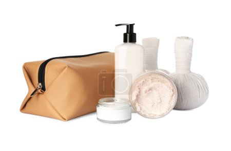 Photo for Preparation for spa. Compact toiletry bag and different cosmetic products isolated on white - Royalty Free Image