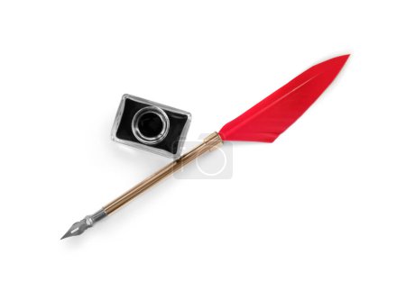 Photo for Feather pen and inkwell on white background, top view - Royalty Free Image