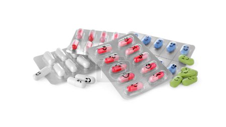 Foto de Ampollas de diferentes antidepresivos con emoticonos sobre fondo blanco - Imagen libre de derechos