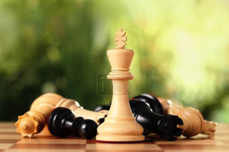 Photo for Wooden king among fallen chess pieces on game board against blurred background, closeup - Royalty Free Image