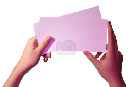Man holding flyers on white background, closeup and space for text. Color tone effect
