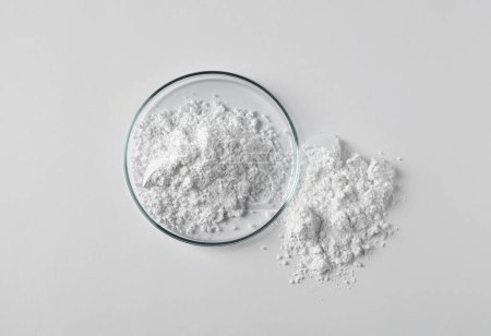 Foto de Petri plato y carbonato de calcio en polvo sobre fondo blanco, vista superior - Imagen libre de derechos