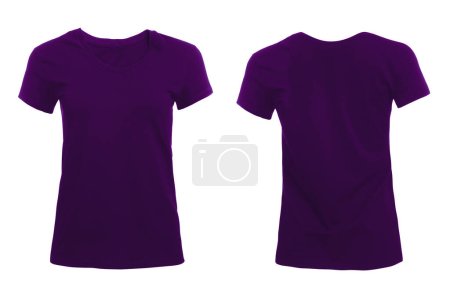 Front and back views of purple women's t-shirt on white background. Mockup for design