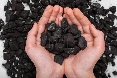 Photo for Woman with handful of coal over pile on white background, top view - Royalty Free Image