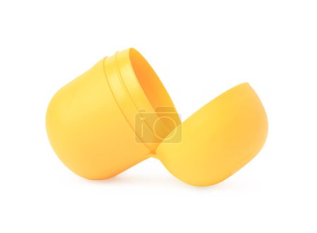 Photo for Slynchev Bryag, Bulgaria - May 23, 2023: Opened yellow plastic capsule from Kinder Surprise Egg isolated on white - Royalty Free Image