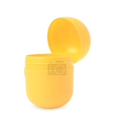 Photo for Slynchev Bryag, Bulgaria - May 23, 2023: Opened yellow plastic capsule from Kinder Surprise Egg isolated on white - Royalty Free Image