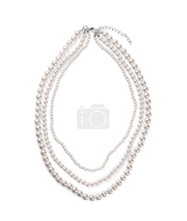 Elegant pearl necklace isolated on white, top view