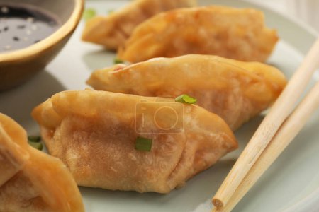 Téléchargez les photos : Délicieux gyoza (boulettes asiatiques) aux oignons verts et baguettes sur assiette, gros plan - en image libre de droit