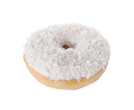 Téléchargez les photos : Donut glacé savoureux avec copeaux de noix de coco isolés sur blanc - en image libre de droit
