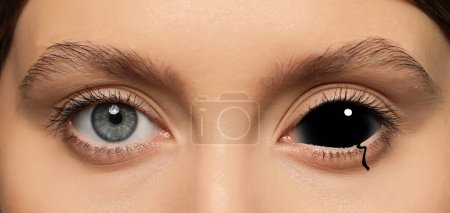 Photo for Paranormality, supernatural or mental disorders concepts. Something black filling sclera and flowing from it. Woman with weird eye, closeup - Royalty Free Image