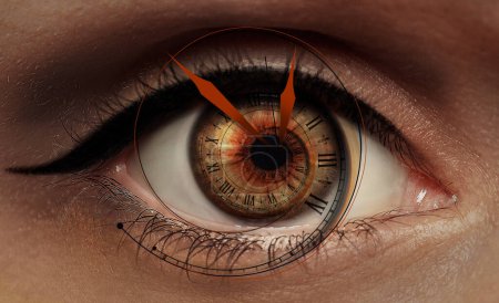 Photo for Paranormality, supernatural or mental disorders concepts. Woman with weird eye, closeup. Clock hands and digits twisting into iris - Royalty Free Image