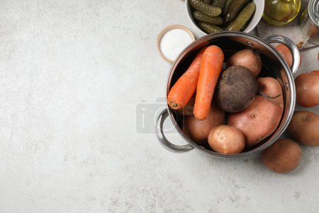 Foto de Muchas verduras frescas, pepinos en escabeche y olla en la mesa blanca, plano poner con espacio para el texto. Ensalada de vinagreta para cocinar - Imagen libre de derechos