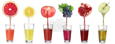 Collage of different freshly squeezed juices pouring from fruits and vegetable on white background