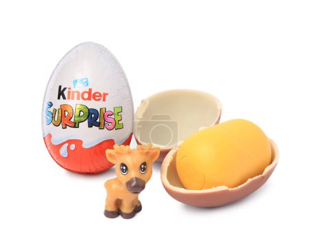 Photo for Slynchev Bryag, Bulgaria - May 24, 2023: Kinder Surprise Eggs, plastic capsule and toy deer isolated on white - Royalty Free Image