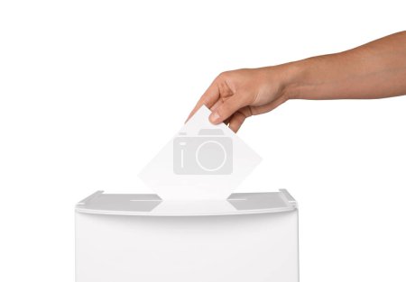 Photo for Man putting his vote into ballot box on white background, closeup - Royalty Free Image