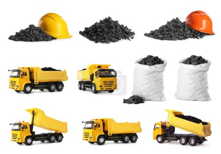 Photo for Collage with coal, toy trucks, bags and hard hats on white background - Royalty Free Image