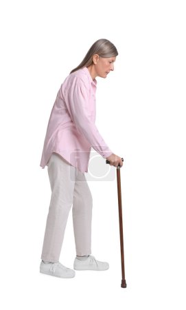 Photo for Senior woman with walking cane on white background - Royalty Free Image