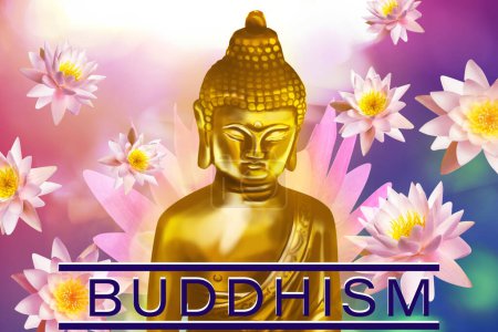 Buddhism. Golden Buddha figure surrounded by lotus flowers on bright background