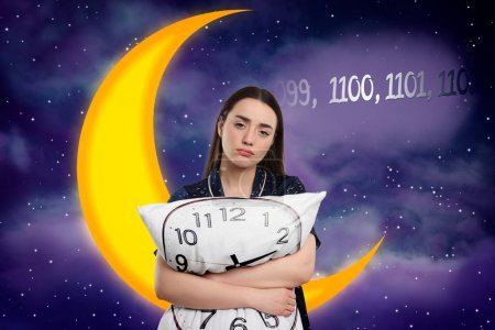 Suffering from insomnia. Woman with pillow counting to fall asleep. Night sky with crescent moon, stars and numbers on background