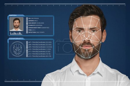 Facial recognition system. Man with personal data and digital biometric grid on blue background