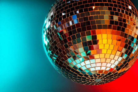 Photo for Shiny disco ball under color lights, closeup. Space for text - Royalty Free Image