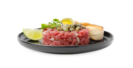 Photo for Tasty beef steak tartare served with quail egg, toasted bread and other accompaniments isolated on white - Royalty Free Image