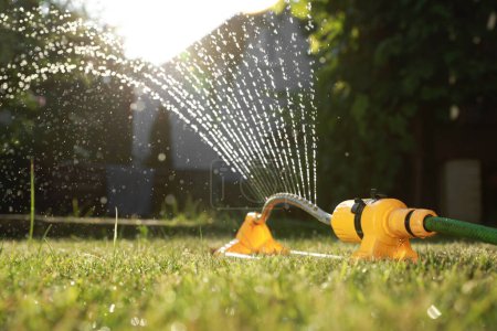 Foto de Aspersor automático que riega la hierba verde en el día soleado en el jardín. Sistema de riego - Imagen libre de derechos