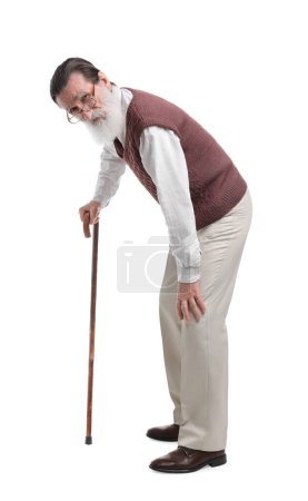 Photo for Stooped senior man with walking cane on white background - Royalty Free Image