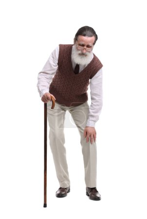 Photo for Senior man with walking cane suffering from knee pain on white background - Royalty Free Image