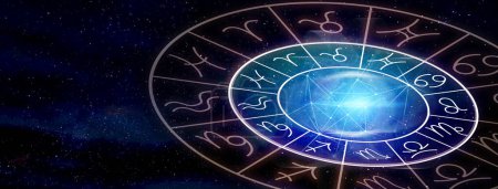 Zodiac wheel with astrological signs around bright star in open space, illustration