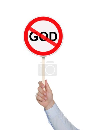 Téléchargez les photos : Concept d'athéisme. Homme tenant signe d'interdiction avec barré mot Dieu sur fond blanc - en image libre de droit