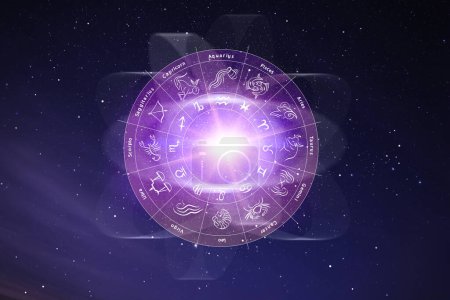 Photo for Zodiac wheel with astrological signs around bright star in open space, illustration - Royalty Free Image